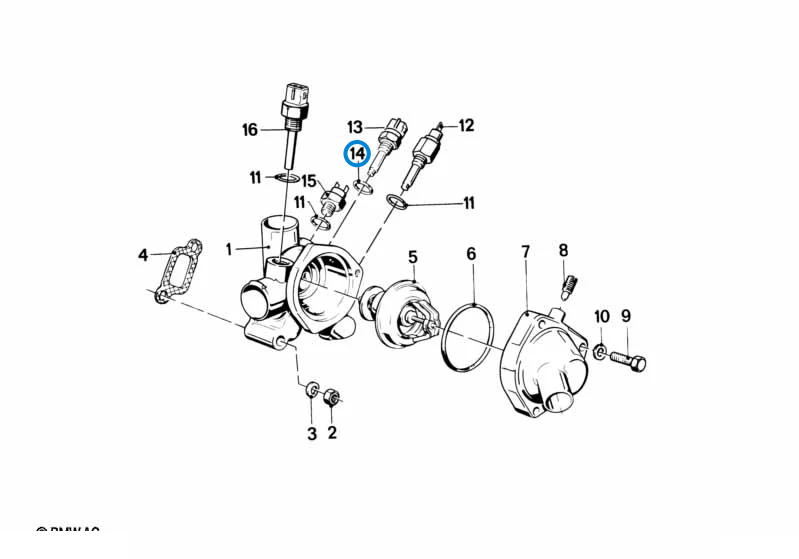 BMW parts diagram with part 07119963130 (Gasket Ring 12x15.5mm) highlighted in the cooling system thermostat housing assembly