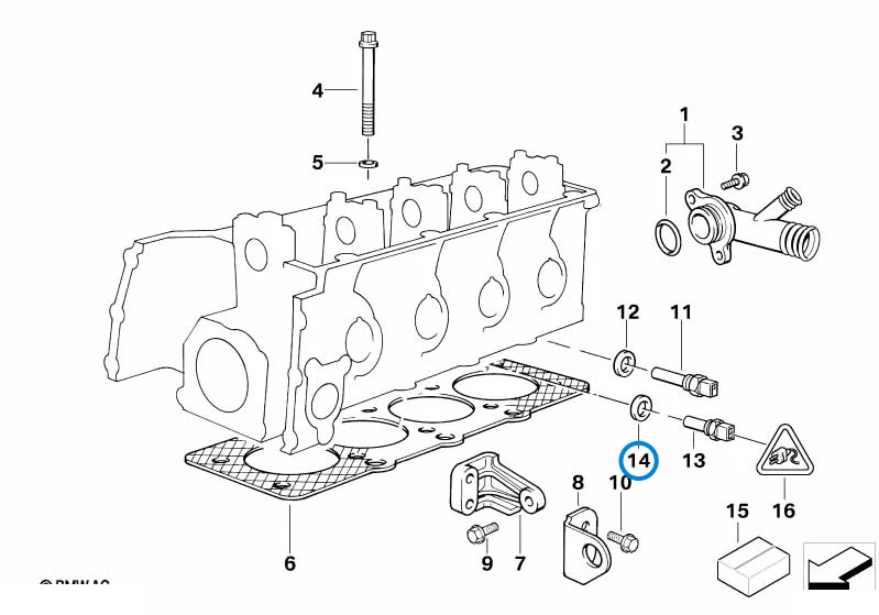 BMW parts diagram with part 07119963130 (Gasket Ring 12x15.5mm) highlighted in the cylinder head parts assembly
