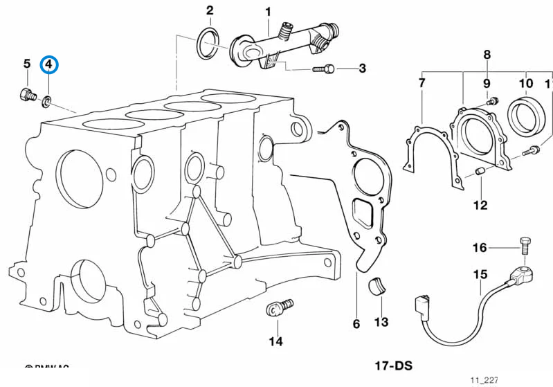 BMW parts diagram with part 07119963130 (Gasket Ring 12x15.5mm) highlighted in the engine block mounting parts assembly