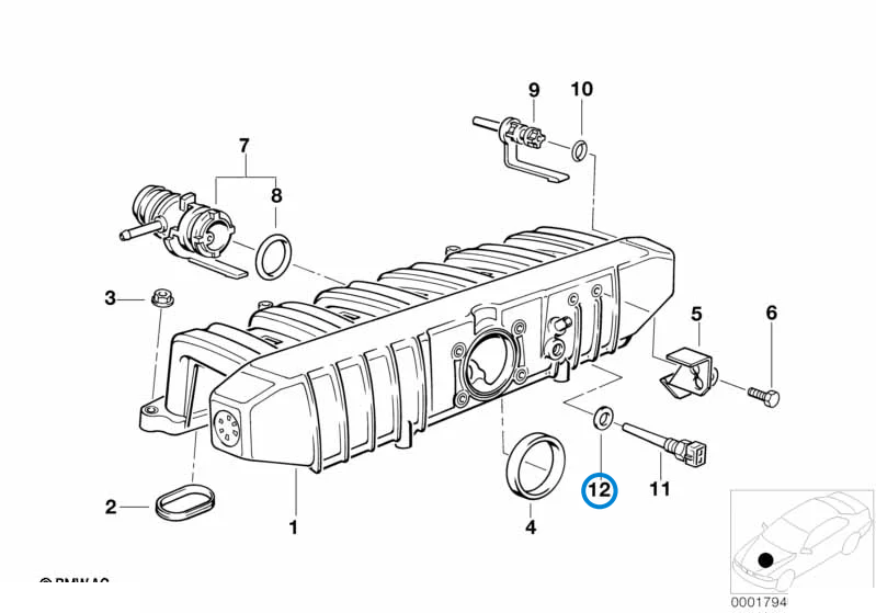 BMW parts diagram with part 07119963130 (Gasket Ring 12x15.5mm) highlighted in the intake manifold system assembly