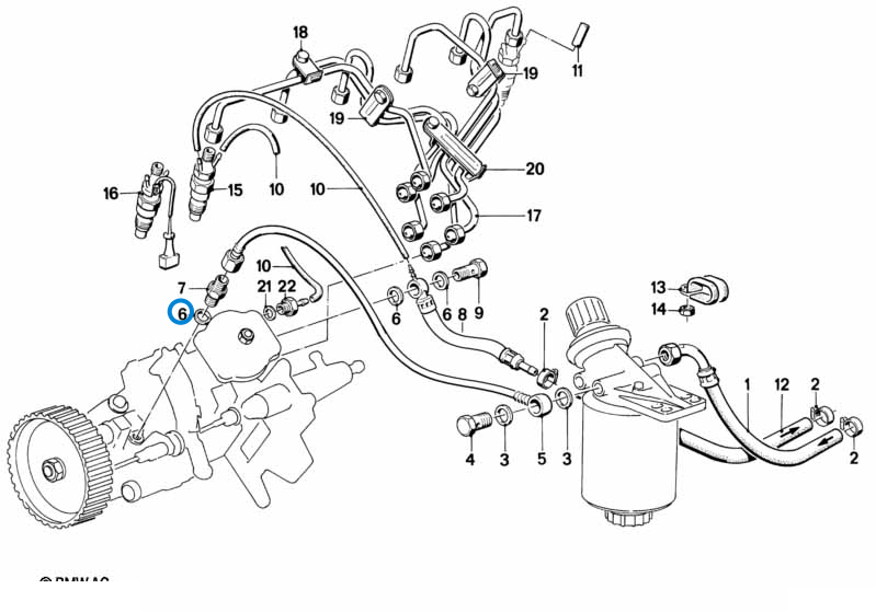 BMW parts diagram with part 07119963130 (Gasket Ring 12x15.5mm) highlighted in the fuel injection nozzles and pipes assembly