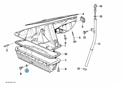 BMW parts diagram with part 07119963151 (Gasket Ring 7x12mm) highlighted in the oil pan dipstick assembly