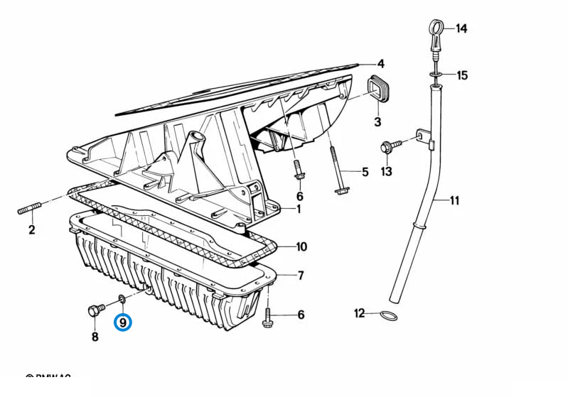BMW parts diagram with part 07119963151 (Gasket Ring 7x12mm) highlighted in the oil pan dipstick assembly