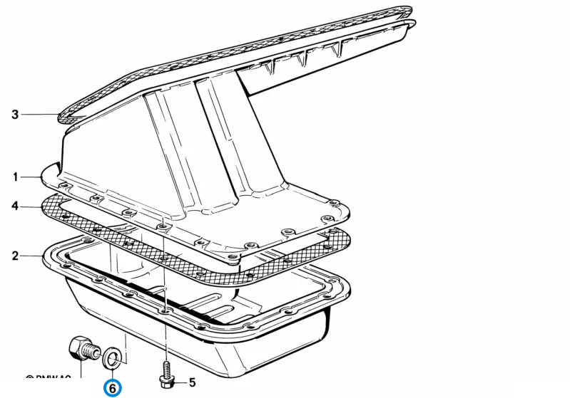 BMW parts diagram with part 07119963151 (Gasket Ring 7x12mm) highlighted in the oil pan assembly