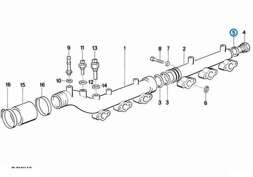 BMW parts diagram with part 07119963355 (Gasket Ring 22x27mm) highlighted in the cooling system water hoses assembly