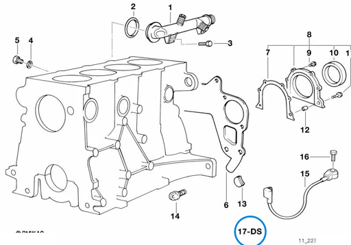 BMW parts diagram with part 11119059257 (Engine Block Gasket Set – M40) highlighted in the engine block mounting parts assembly