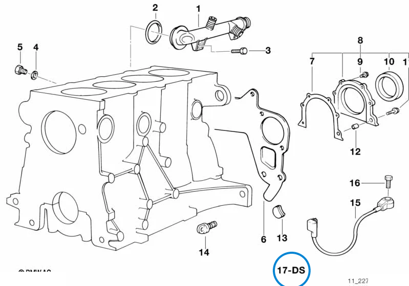 BMW parts diagram with part 11119059257 (Engine Block Gasket Set – M40) highlighted in the engine block mounting parts assembly
