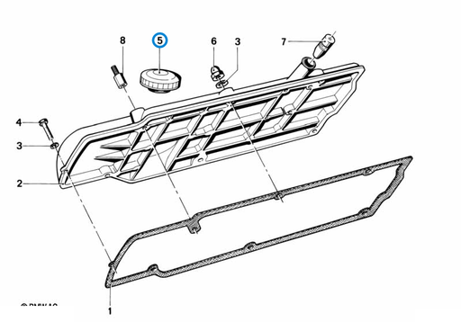 BMW parts diagram with part 11121716993 (Oil Filler Cap) highlighted in the cylinder head cover assembly