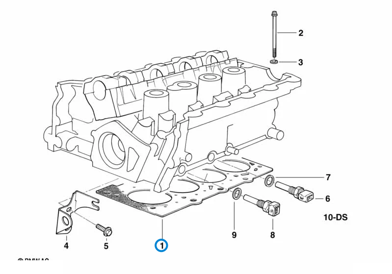 BMW parts diagram with part 11121721547 (M42 Head Gasket, Standard) highlighted in the cylinder head parts assembly