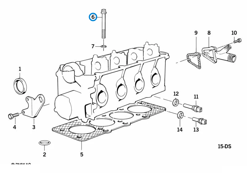 BMW parts diagram with part 11121721939 (Head Bolt Set - M40 / M42 / M43) highlighted in the cylinder head parts assembly