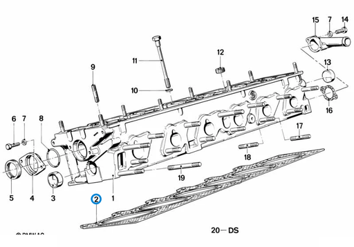 BMW parts diagram with part 11121722729 (Cylinder Head Gasket - M20 (+0.3mm Oversize) 2L & 2.3L) highlighted in the cylinder head assembly