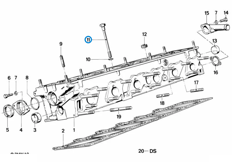 BMW parts diagram with part 11121726478 (Cylinder Head Bolt Set - M20) highlighted in the cylinder head assembly