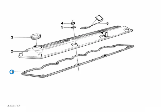 BMW parts diagram with part 11121730271 (Cylinder Head Cover Gasket - M20) highlighted in the cylinder head cover assembly