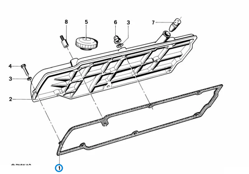 BMW parts diagram with part 11121734215 (Cylinder Head Cover Gasket - M10) highlighted in the cylinder head cover assembly