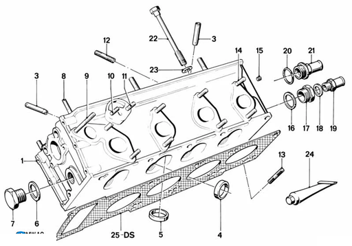 BMW parts diagram with part 11121734280 (M10 Head Gasket, +0.3mm Oversize) highlighted in the cylinder head assembly