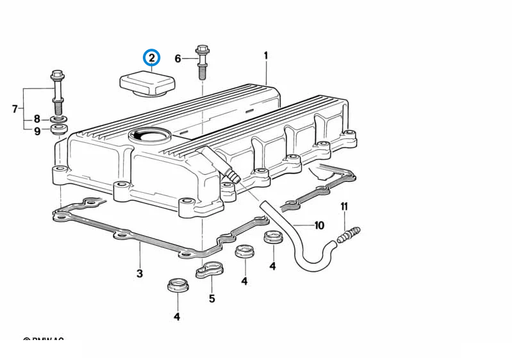 BMW parts diagram with part 11127509328 (Cap for Oil Filler - M42 / M43 / M50 / M51 / M60) highlighted in the cylinder head cover assembly