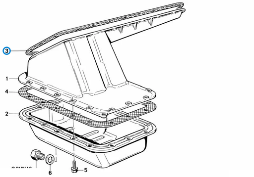 BMW parts diagram with part 11131727974 (Upper Sump Gasket - M10 / S14) highlighted in the oil pan assembly