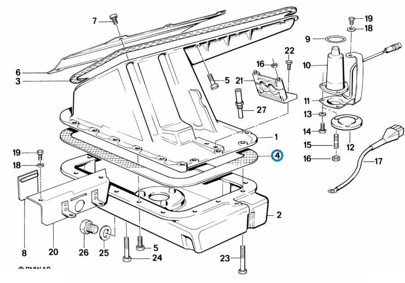 BMW parts diagram with part 11131727983 (Lower Sump Gasket - M10 / S14) highlighted in the oil level indicator assembly