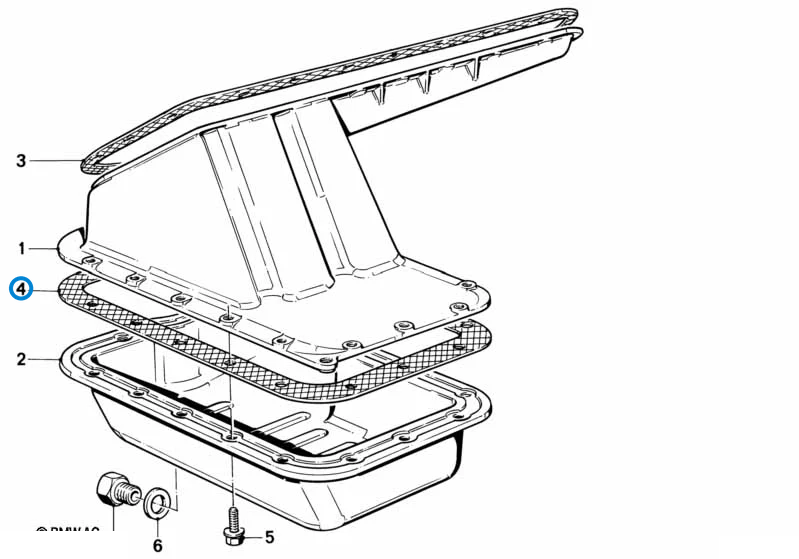 BMW parts diagram with part 11131727983 (Lower Sump Gasket - M10 / S14) highlighted in the oil pan assembly