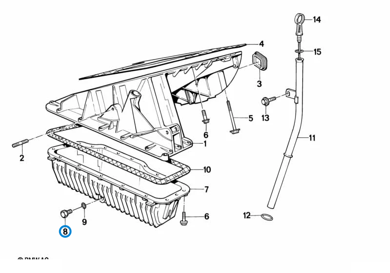 BMW parts diagram with part 11137535106 (Oil Pan Screw Plug – Dipstick / Oil Level Indicator Port) highlighted in the oil pan dipstick assembly