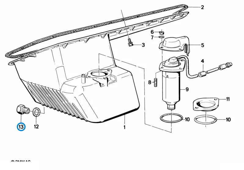 BMW parts diagram with part 11137535106 (Oil Pan Screw Plug – Dipstick / Oil Level Indicator Port) highlighted in the oil pan oil level indicator assembly