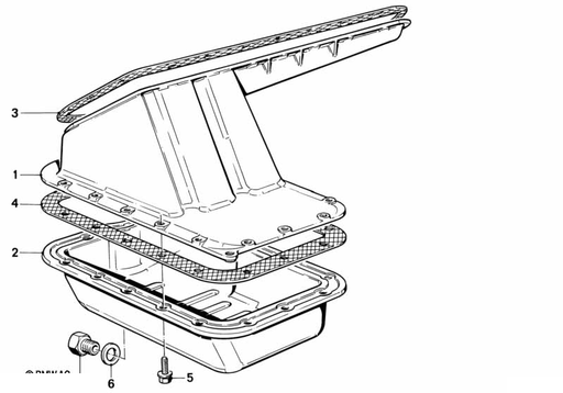 BMW parts diagram with part 11137535106 (Oil Pan Screw Plug – Dipstick / Oil Level Indicator Port) highlighted in the oil pan assembly