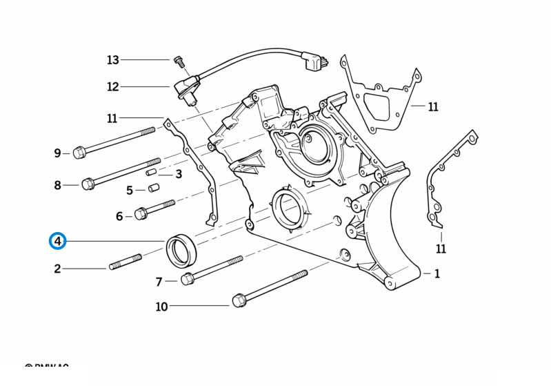 BMW parts diagram with part 11141275466 (Front Crankshaft Seal) highlighted in the lower timing case assembly