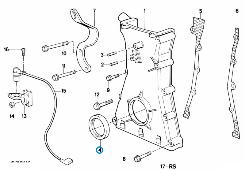 BMW parts diagram with part 11141275466 (Front Crankshaft Seal) highlighted in the timing case assembly
