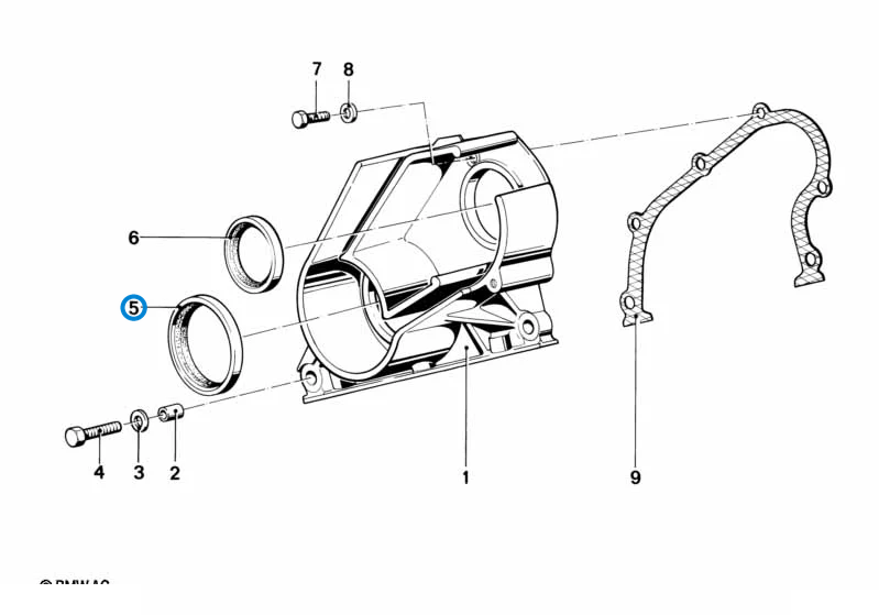 BMW parts diagram with part 11141275466 (Front Crankshaft Seal) highlighted in the timing cover lower assembly