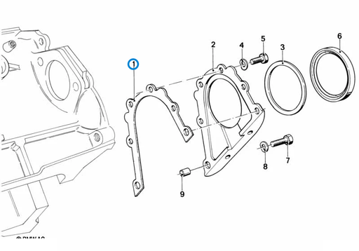 BMW parts diagram with part 11141432240 (Steel Engine Block Cover Gasket - M20 / M21 / M40 / M42) highlighted in the engine block mounting parts assembly