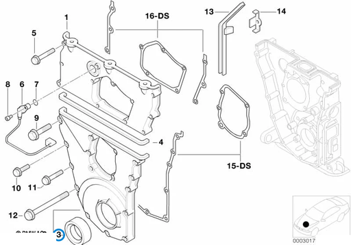 BMW parts diagram with part 11141439570 (Front Crankshaft Seal - M42 / S14 / M43) highlighted in the timing case assembly