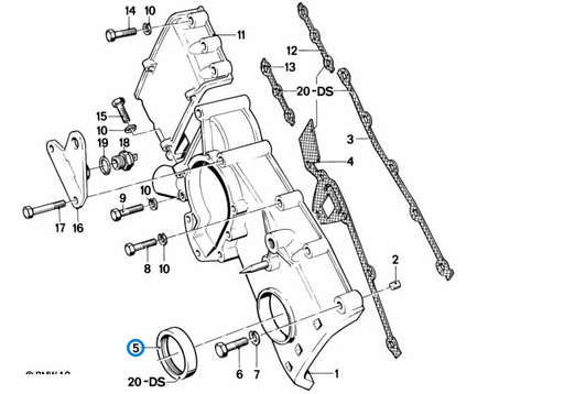 BMW parts diagram with part 11141709629 (Front Crankshaft Seal - M10 / M20) highlighted in the timing case assembly