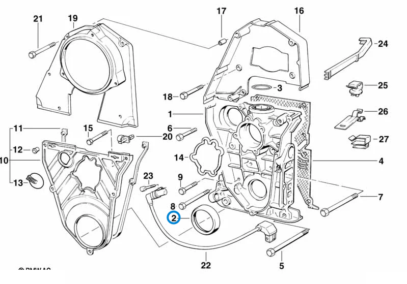 BMW parts diagram with part 11141714619 (Front Crankshaft Seal - M40) highlighted in the wheel casing assembly