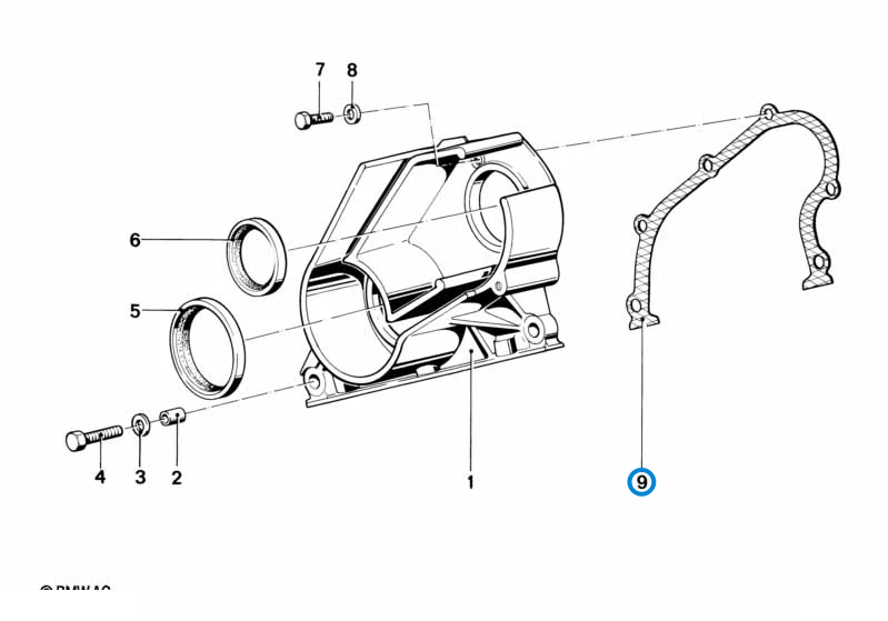 BMW parts diagram with part 11141720903 (Lower Timing Cover Gasket – M20 / M21) highlighted in the timing cover lower assembly