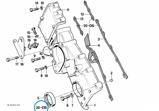 BMW parts diagram with part 11141727986 (Timing Case Cover Gasket Set – M10) highlighted in the timing case assembly