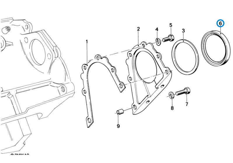 BMW parts diagram with part 11142249533 (Rear Crankshaft Shaft Seal – All Models) highlighted in the engine block mounting parts assembly