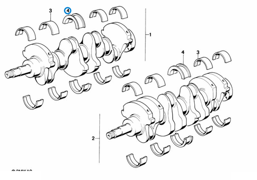 BMW parts diagram of the crankshaft with bearing shells, M40 / M42 main bearing shell