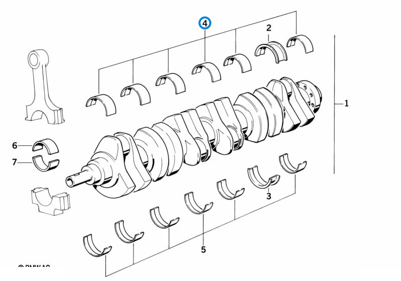 BMW parts diagram with part 11211706847 highlighted in the crankshaft with bearing shells assembly