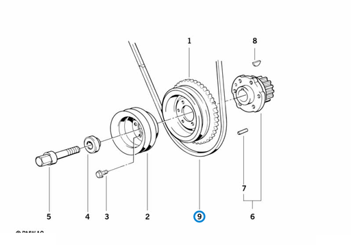 BMW parts diagram with part 11231711090 (Fan Belt - 13x1050mm) highlighted in the belt drive vibration damper assembly