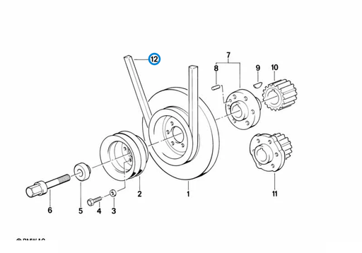 BMW parts diagram with part 11232241172 (Fan Belt - M21, 10x1000mm) highlighted in the belt drive vibration damper assembly