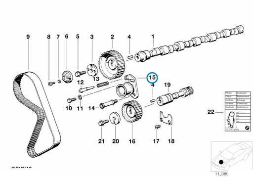 BMW parts diagram with part 11311711154 (M20 Timing Belt Adjusting Pulley) highlighted in the timing belt camshaft assembly
