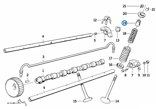 BMW parts diagram with part 11349059172 (Valve Stem Seal - M20 / M21) highlighted in the valve timing gear cam shaft assembly