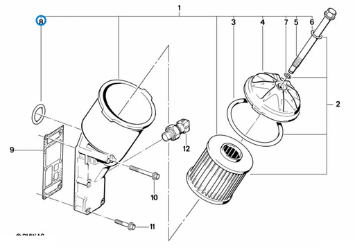 BMW parts diagram with part 11421709513 highlighted in the lubrication system oil filter assembly