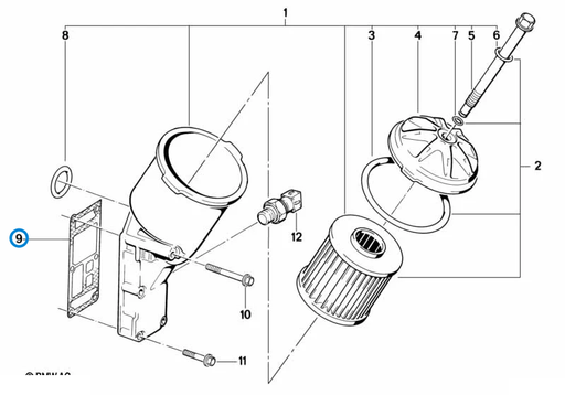 BMW parts diagram with part 11421709800 highlighted in the lubrication system oil filter assembly