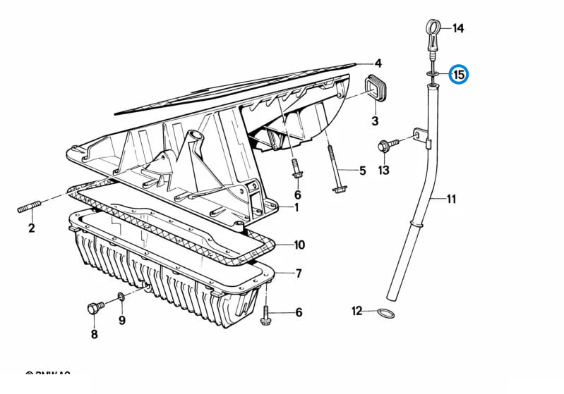 BMW parts diagram with part 11431717666 (O-ring for Dipstick) highlighted in the oil pan dipstick assembly