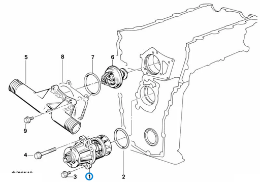BMW parts diagram with part 11510393338 (Water Pump – M42 / M43) highlighted in the waterpump thermostat assembly