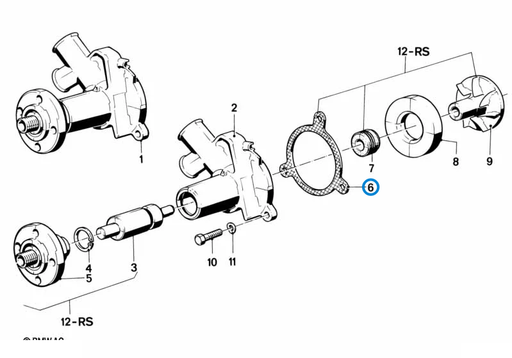 BMW parts diagram with part 11511722677 (Water Pump Gasket - M20 / M21) highlighted in the cooling system water pump assembly