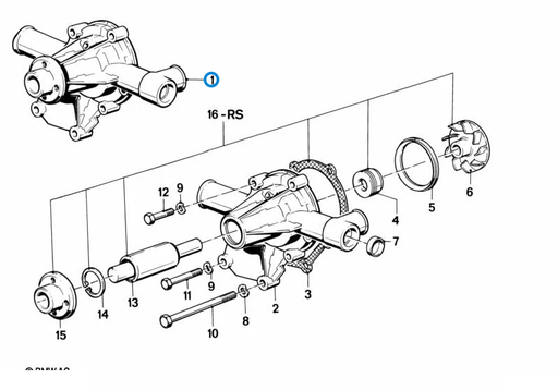 BMW parts diagram with part 11519070754 (Water Pump – M10) highlighted in the cooling system water pump assembly