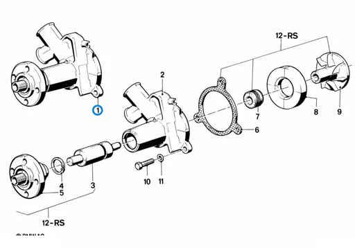 BMW parts diagram with part 11519070758 (Water Pump – M20) highlighted in the cooling system water pump assembly