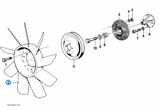 BMW parts diagram with part 11521273086 (9 Blade Cooling Fan - M20) highlighted in the cooling system fan fan coupling assembly